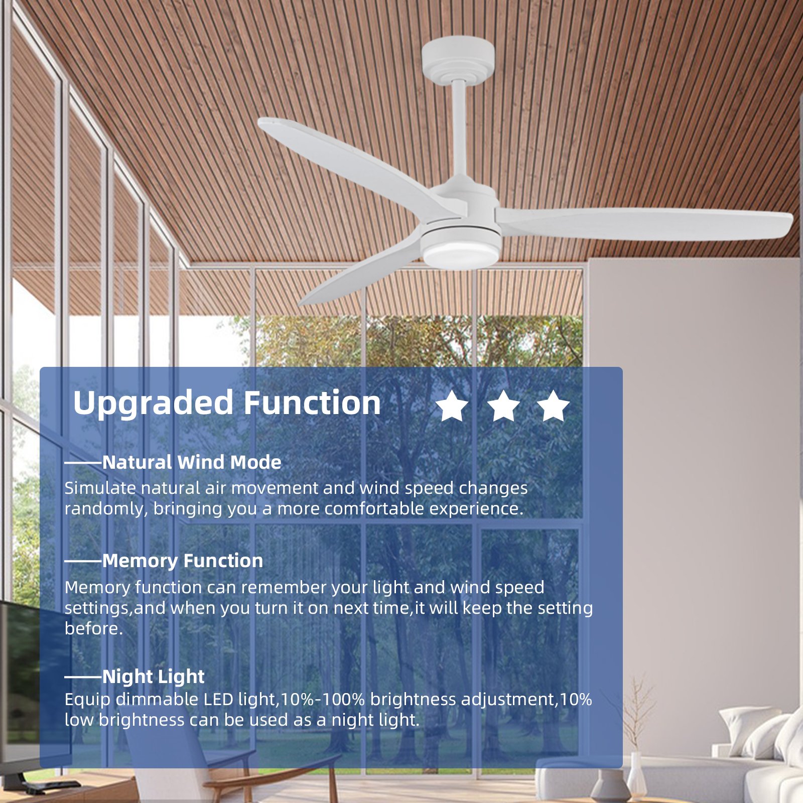 52 Inch Ceiling Fan with Lights and Remote Control, 3 Wood Blades Large Indoor Outdoor Fans for Living Rome Patios with DC Motor