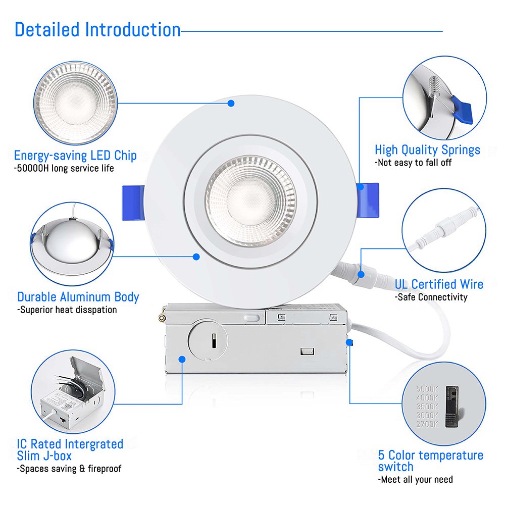 5CCT Selectable Indoor Outdoor LED Directional Gimbal Recessed Ceiling Downlight Wet Location