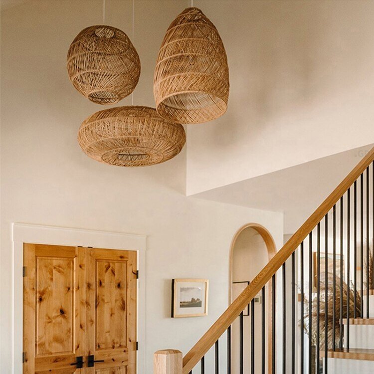 Rattan pendant lights decor bamboo wicker lampshades chandeliers ceiling frames handmade lamp shades covers wooden modern style