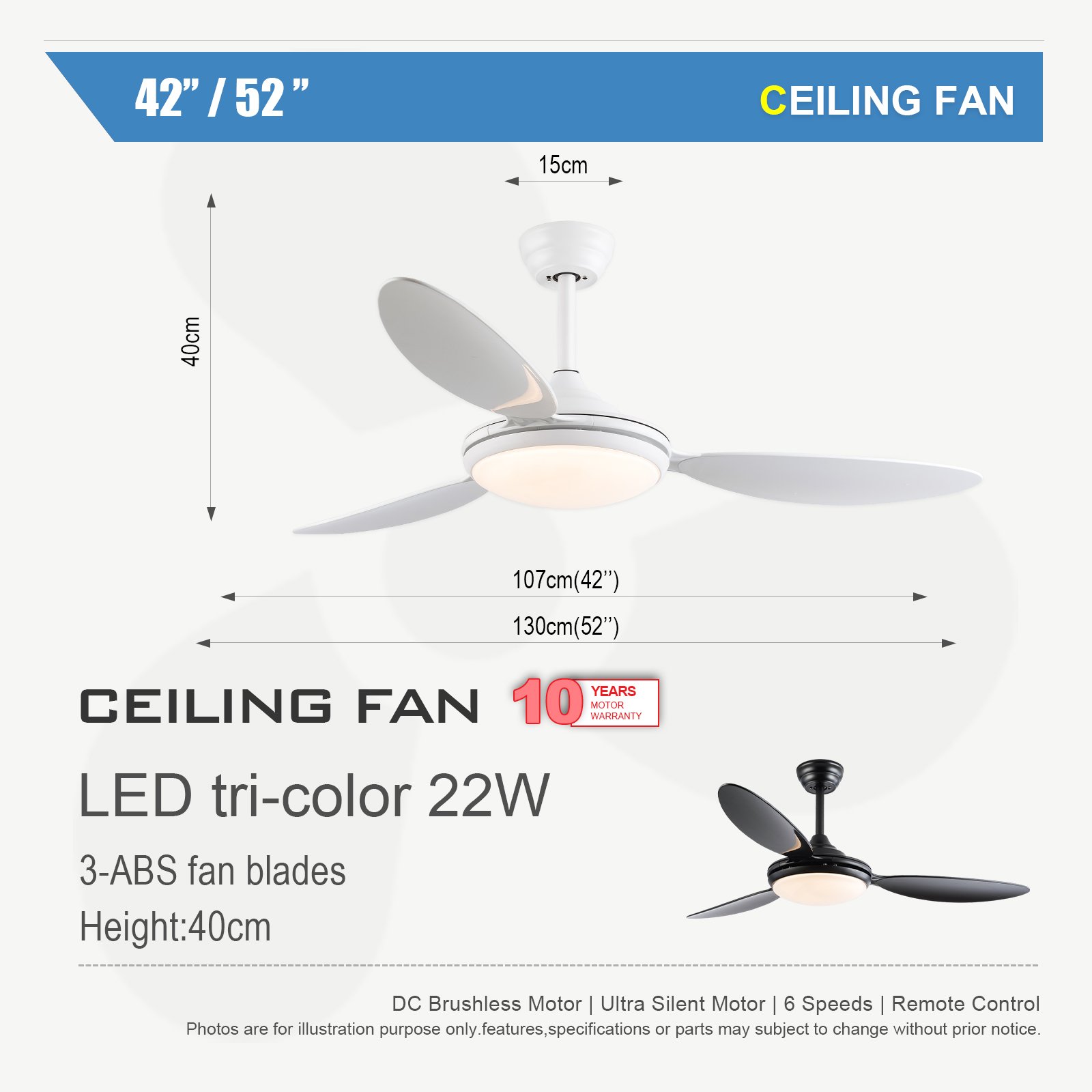 52-Inch Black Nordic Simple Modern Ceiling Fan with Light and Remote Dimmable Noiseless Indoor/Outdoor Ceiling Fan