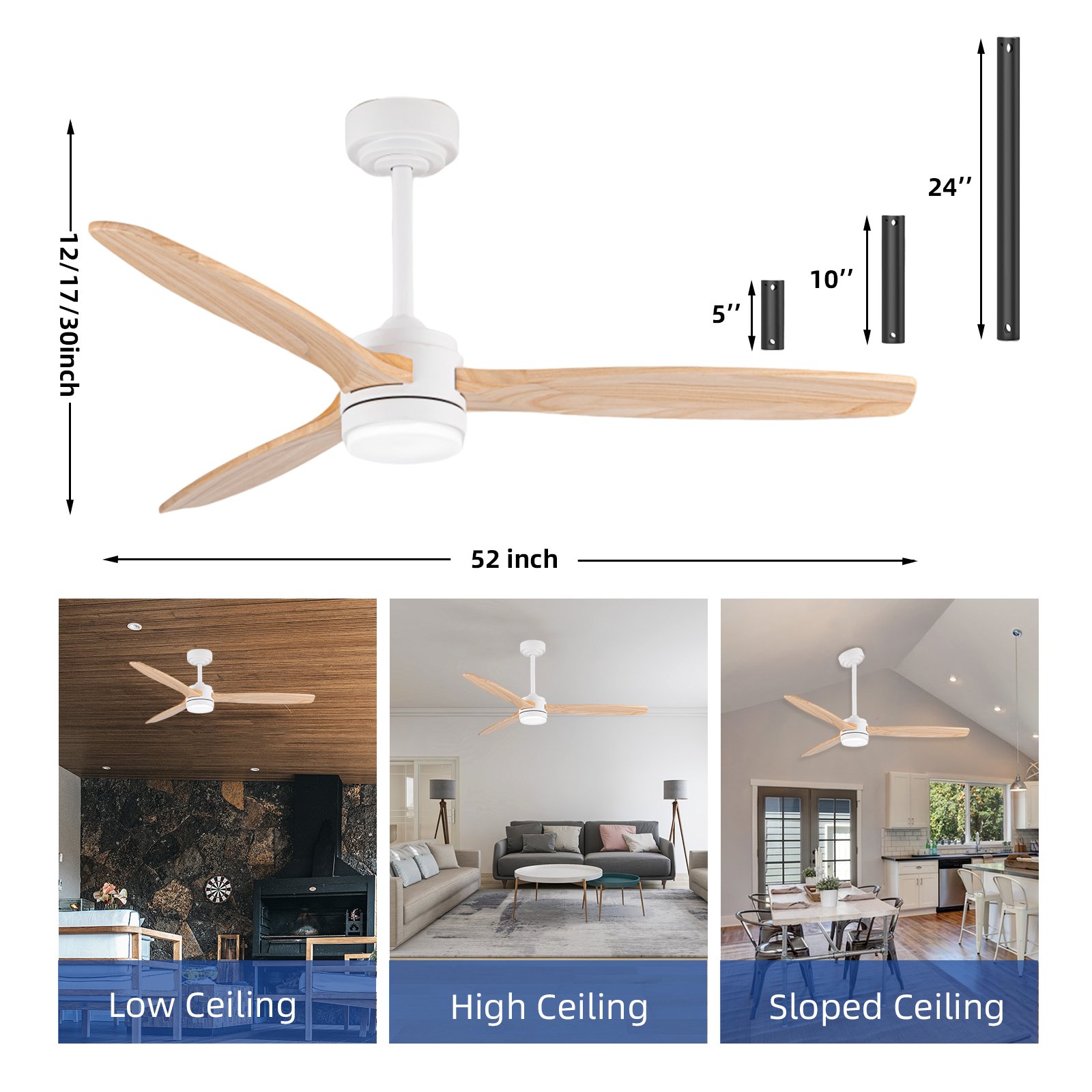 large 52 Inch Solid Wood Ceiling Fan with Lights and Remote Control, 3 Blades Damp Rated Fans for Indoor Outdoor with DC Motor