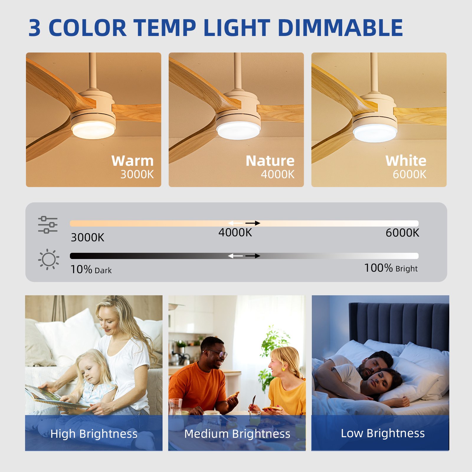 large 52 Inch Solid Wood Ceiling Fan with Lights and Remote Control, 3 Blades Damp Rated Fans for Indoor Outdoor with DC Motor