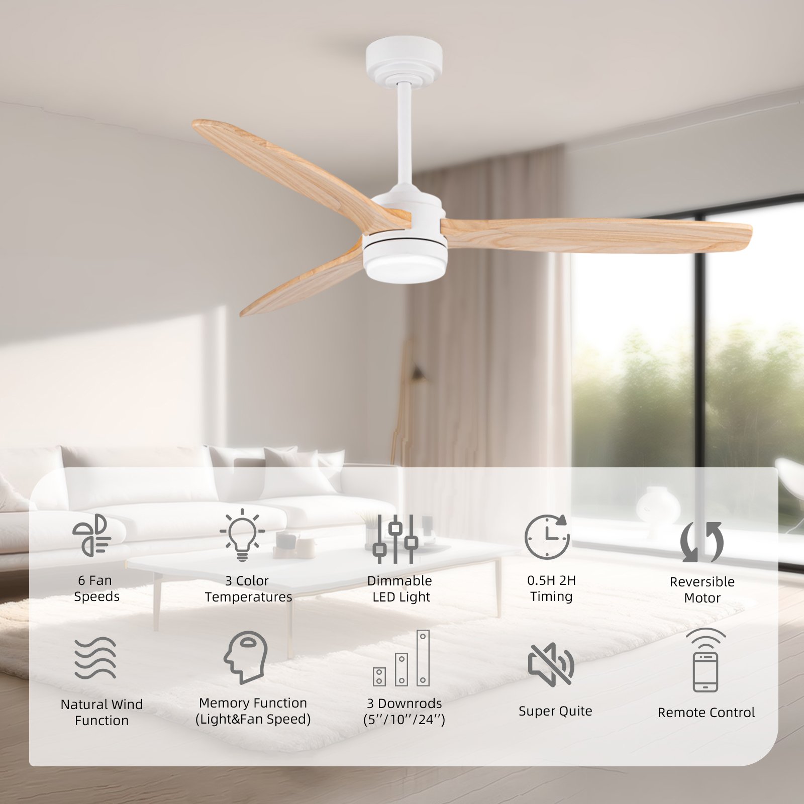 large 52 Inch Solid Wood Ceiling Fan with Lights and Remote Control, 3 Blades Damp Rated Fans for Indoor Outdoor with DC Motor