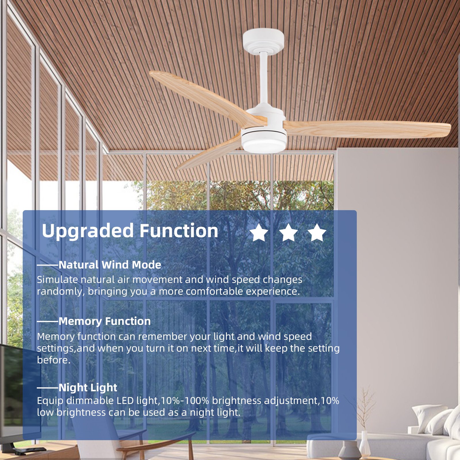 large 52 Inch Solid Wood Ceiling Fan with Lights and Remote Control, 3 Blades Damp Rated Fans for Indoor Outdoor with DC Motor