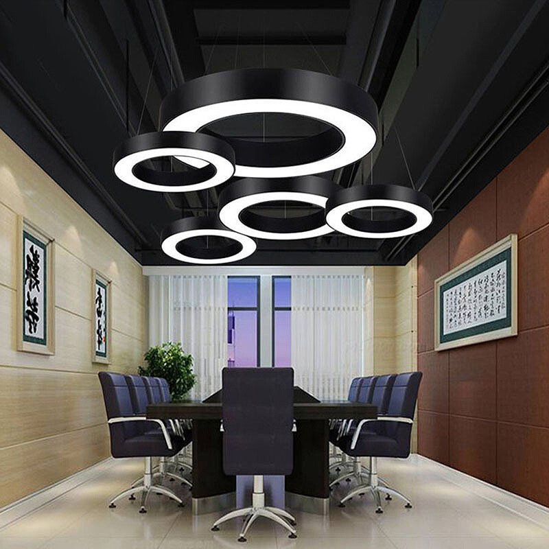 Wholesale Led Hollow Round Linear Pendant Lamp Black Iron Acrylic Ceiling Hanging Light Supermarket Gym Library Barber Light