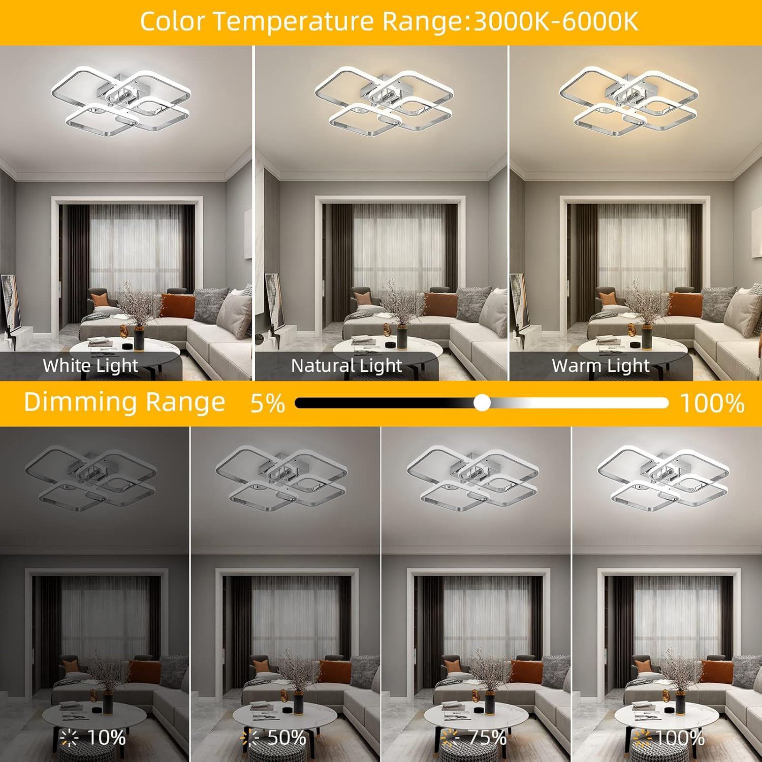 Dimmable Modern Ceiling Light 4 Rings Square Lamp with Remote Control Chrome Acrylic Lighting Fixture for Living Room Dining