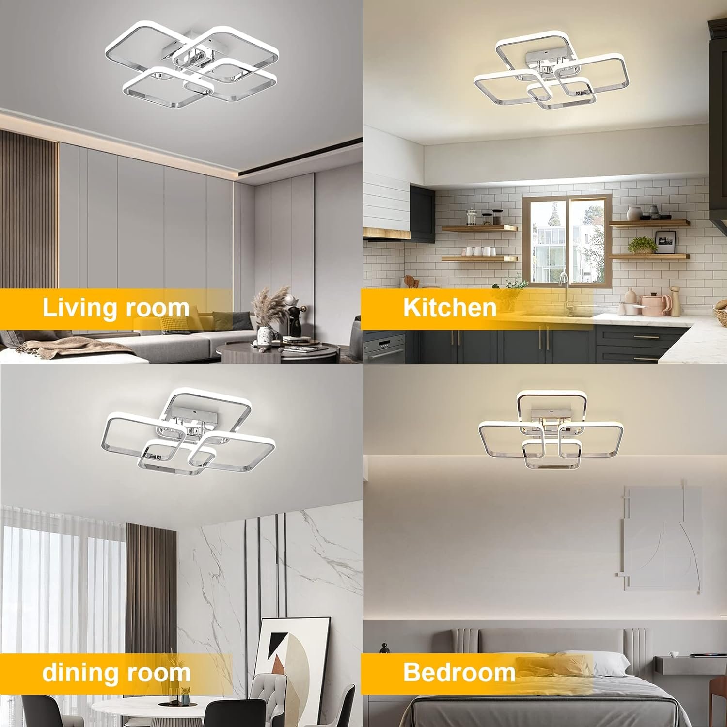 Dimmable Modern Ceiling Light 4 Rings Square Lamp with Remote Control Chrome Acrylic Lighting Fixture for Living Room Dining