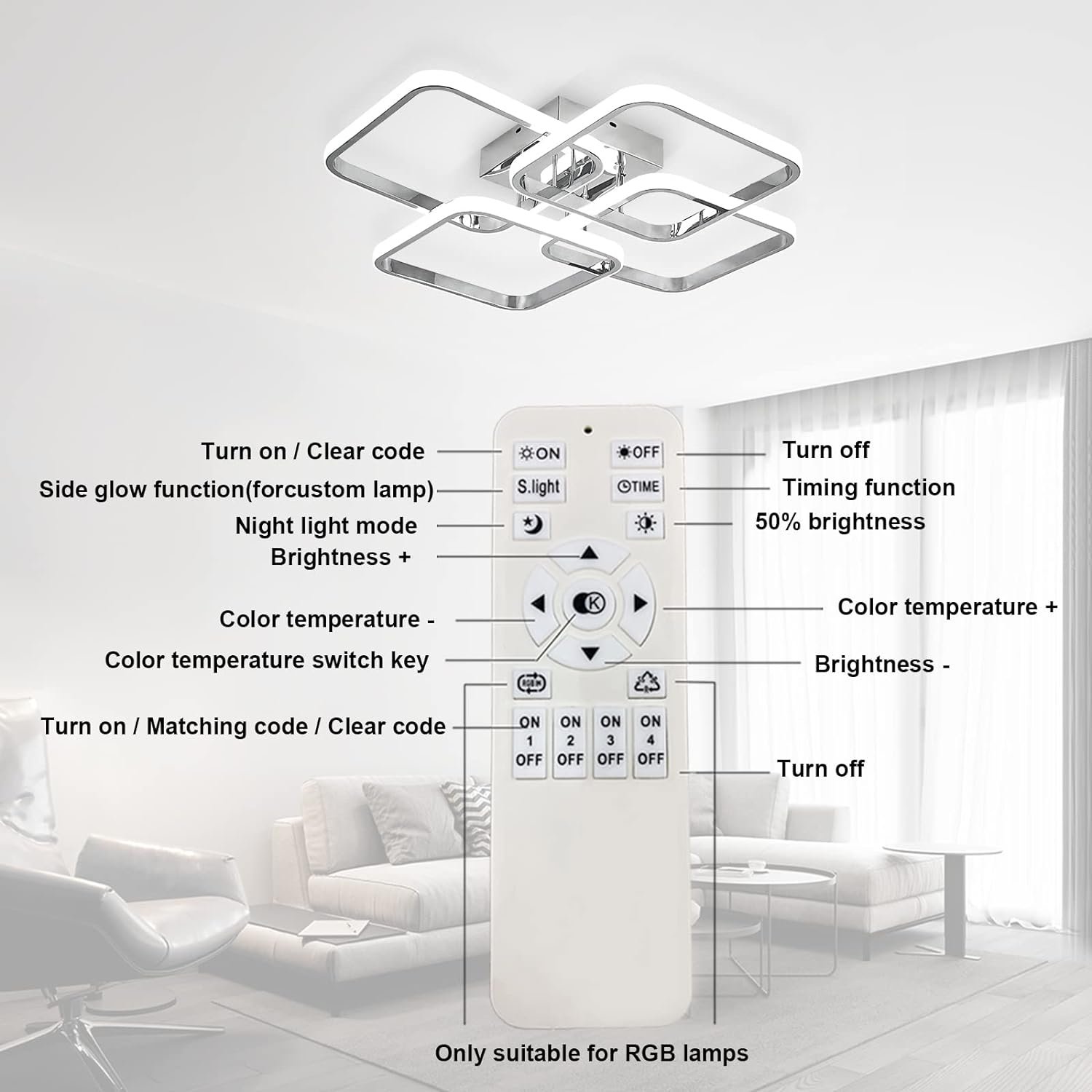 Dimmable Modern Ceiling Light 4 Rings Square Lamp with Remote Control Chrome Acrylic Lighting Fixture for Living Room Dining