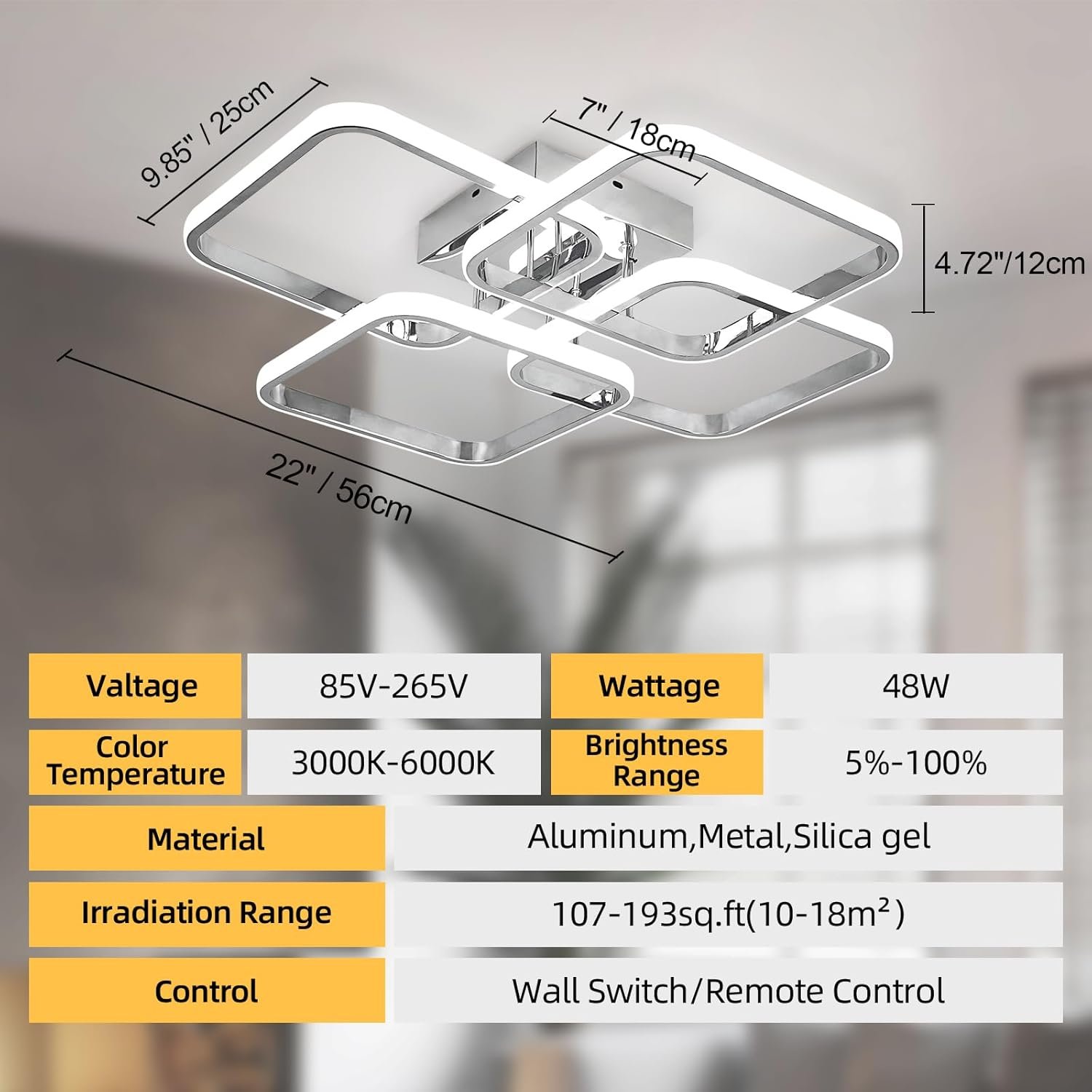 Dimmable Modern Ceiling Light 4 Rings Square Lamp with Remote Control Chrome Acrylic Lighting Fixture for Living Room Dining