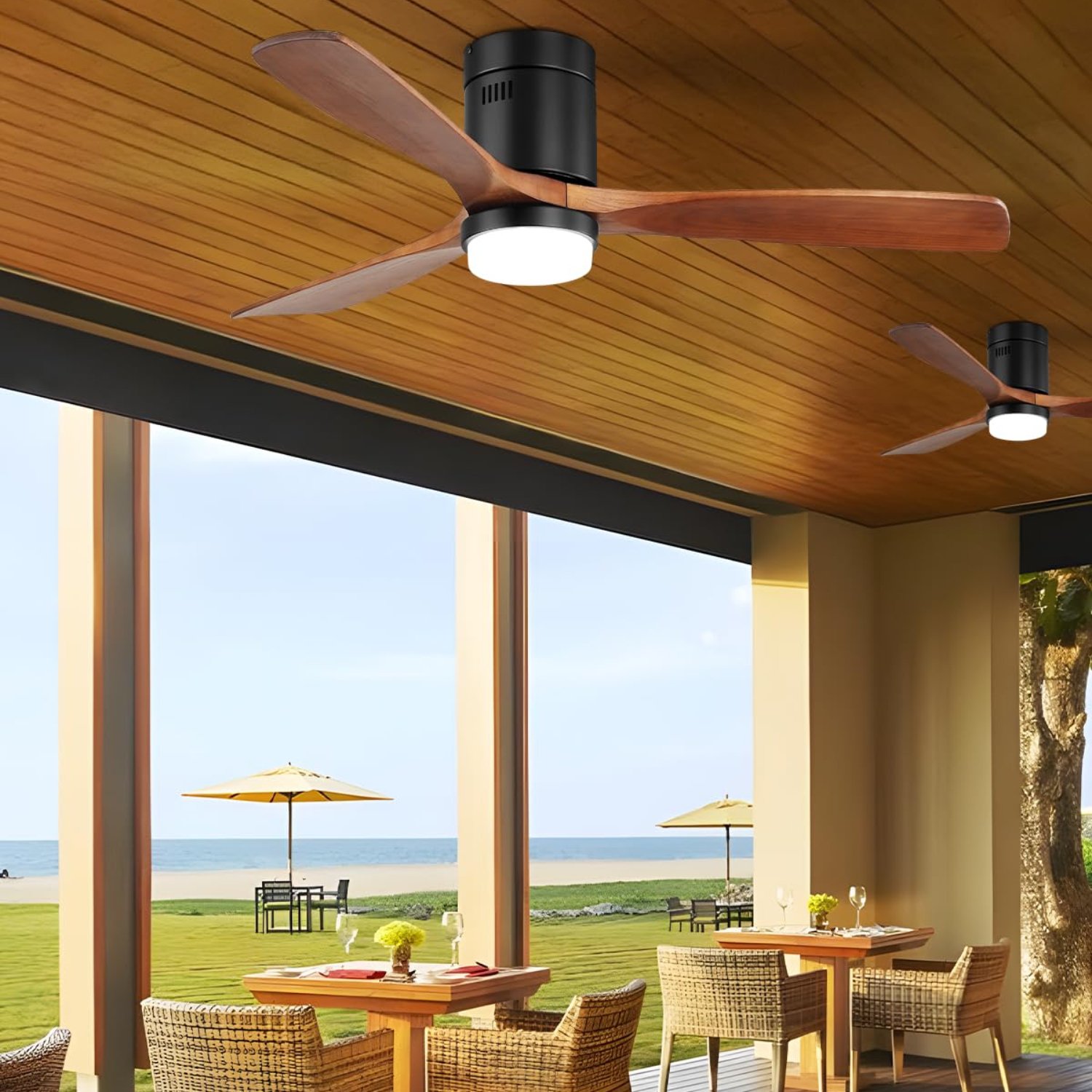 Modern 52 Inch 3 Solid Wood 22W LED Fan Remote Control Low Profile Patios Ceiling Fan with Light