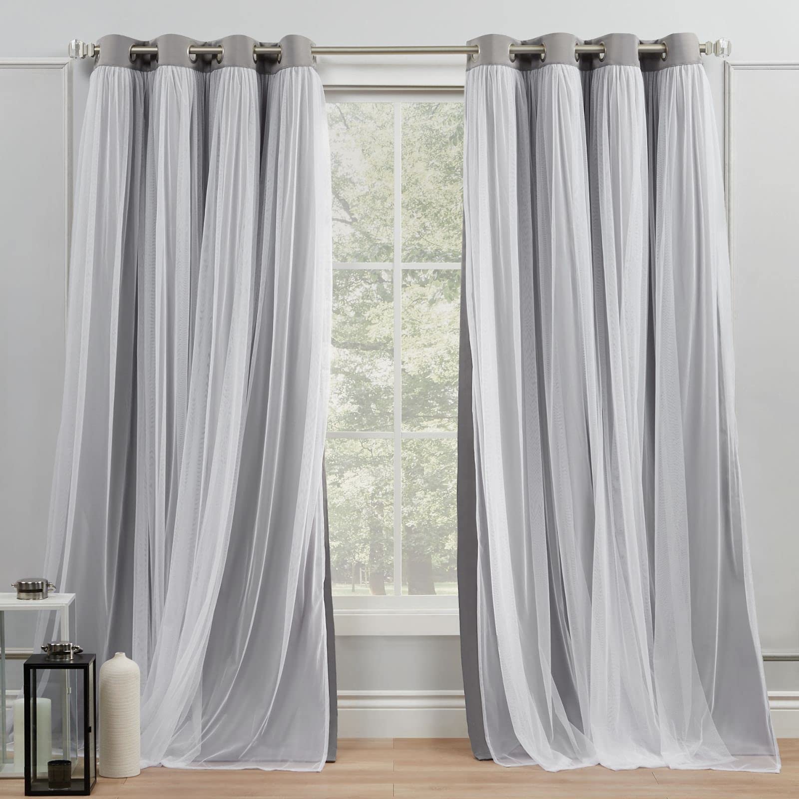Layered Solid Room Darkening Blackout and Sheer Grommet Top Curtain Panel Pair for Living Room