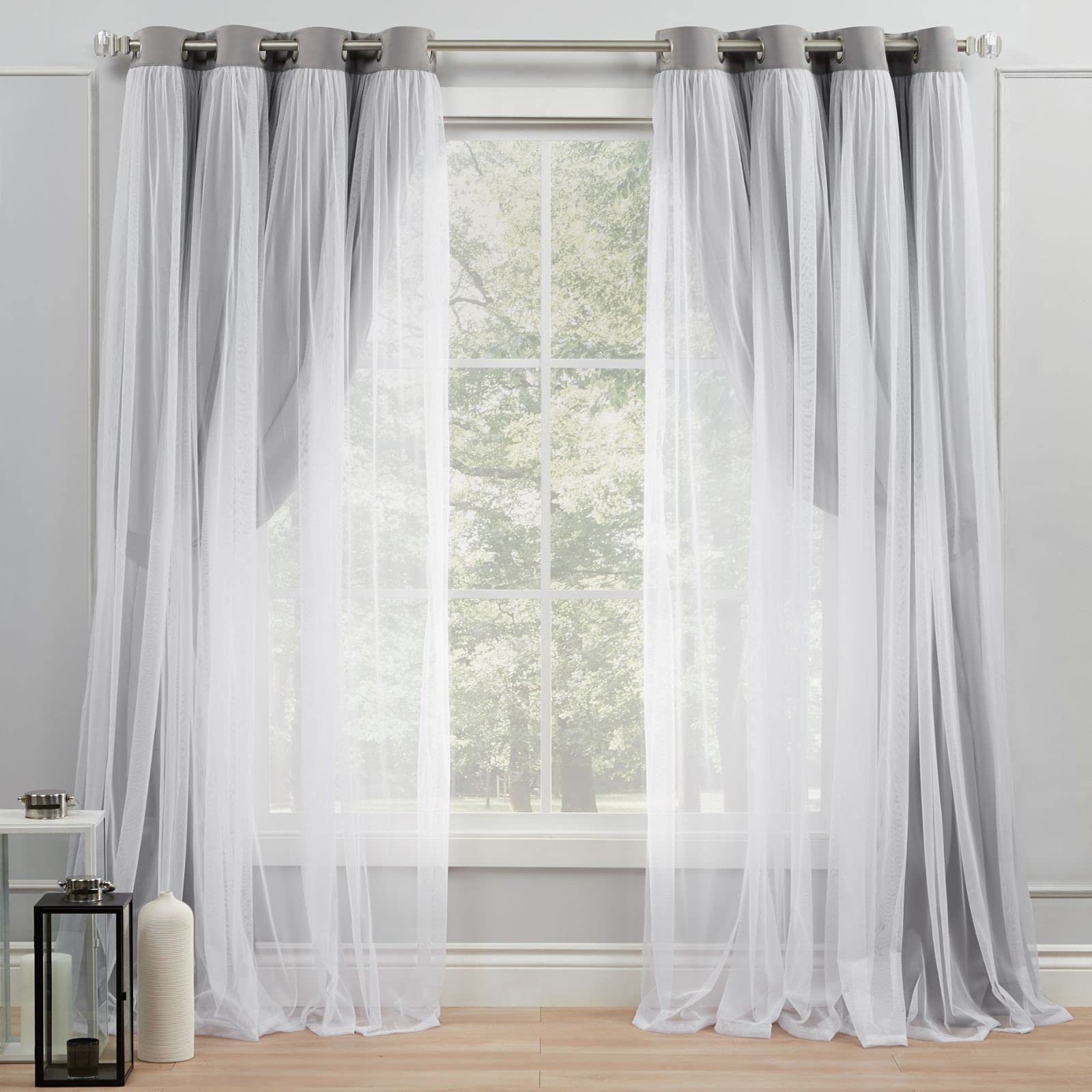 Layered Solid Room Darkening Blackout and Sheer Grommet Top Curtain Panel Pair for Living Room