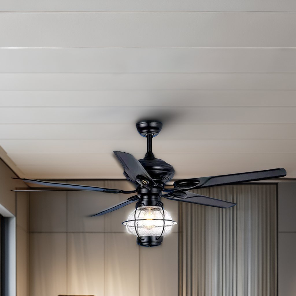 Retro industrial style black iron fan leaf remote control fan lamp modern bedroom lamp and outdoor pavilion ceiling fan lamp