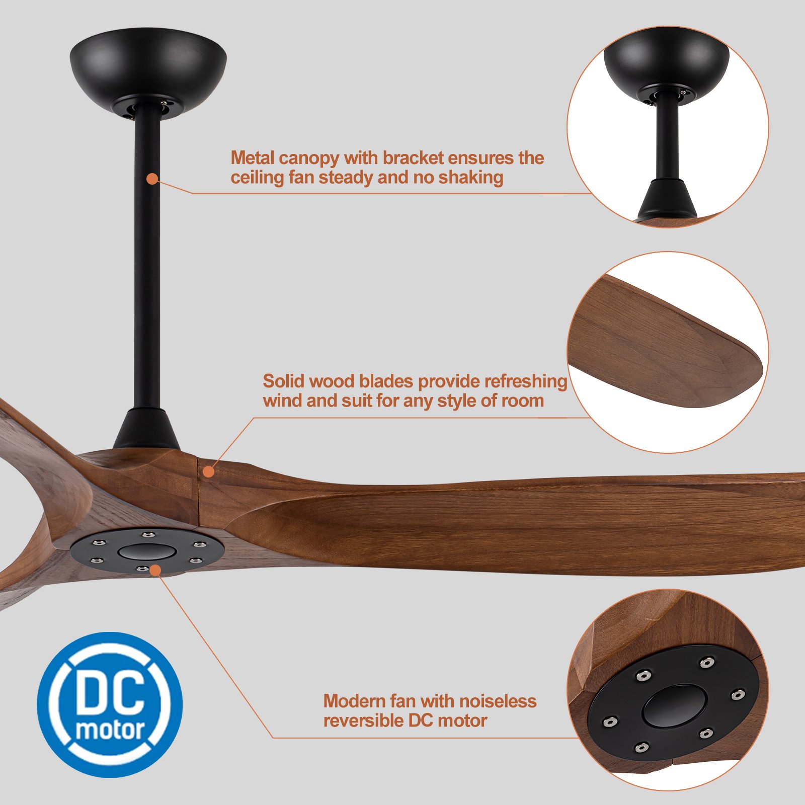 Solid Wood 60 inch Ceiling Fan Without Light, 3 Wood Blades 5 Speeds Control Reversible DC Motor, Ceiling Fan for Indoor Outdoor