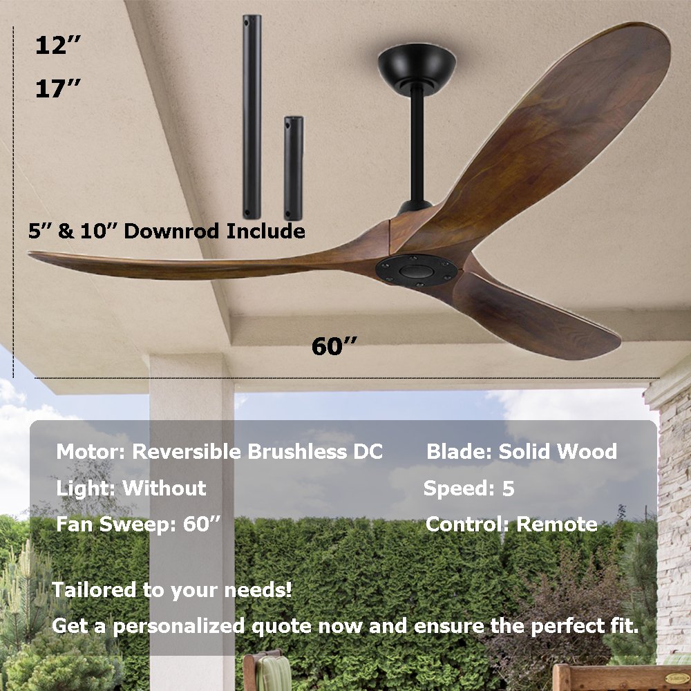 Solid Wood 60 inch Ceiling Fan Without Light, 3 Wood Blades 5 Speeds Control Reversible DC Motor, Ceiling Fan for Indoor Outdoor
