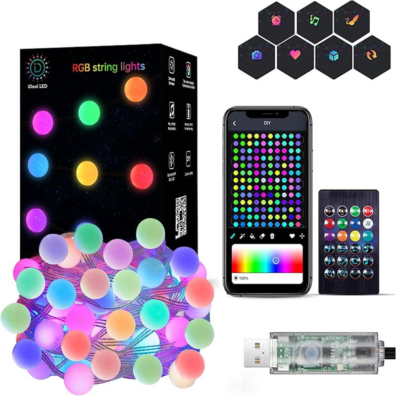 Wireless Wifi DIY Model Smart APP Control Holiday Christmas Decoration Ball Leather Wire Fairy String Light for Music