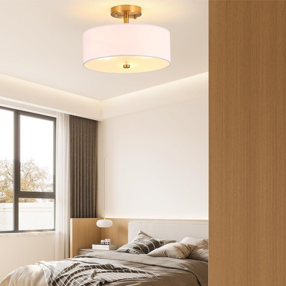 Euro Design Modern Ceiling Light Semi Flush Mount Fixture Warm Brass 13" Wide White Linen Drum for Bedroom Kitchen