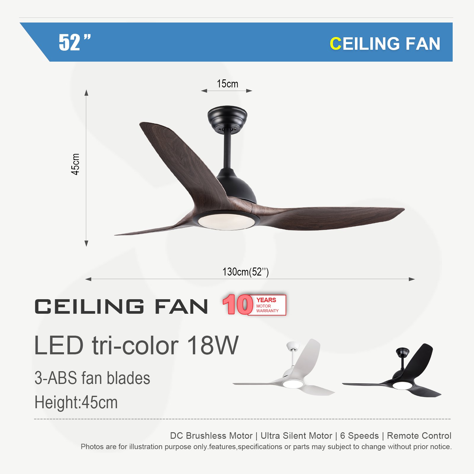 Energy-Saving 52 Inch Ceiling Fan Modern 3 ABS Blade Hotel Home Outdoor Smart Ceiling Fan with Light