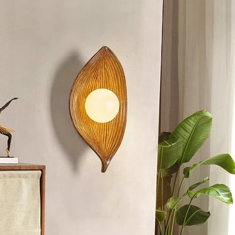 Nordic Wabi-Sabi Style Leaf Wall Lamp Modern Bedroom Aisle Background Decor LED Resin Art Wall Scone Light for Bedside
