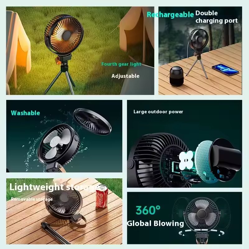 Multifunctional Fan USB Rechargeable Portable Outdoor Camping Ceiling Fan with Night Light Desk Tripod Fan