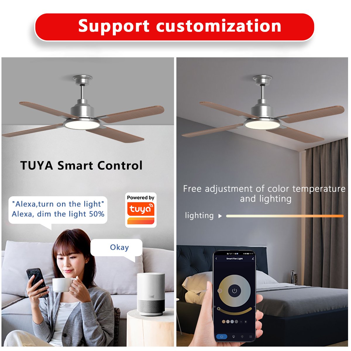 SLYNN 52 inch Ceiling Fans with Lights, Large Air Volume Ceiling Fans with Reversible Quiet DC Motor and Remote