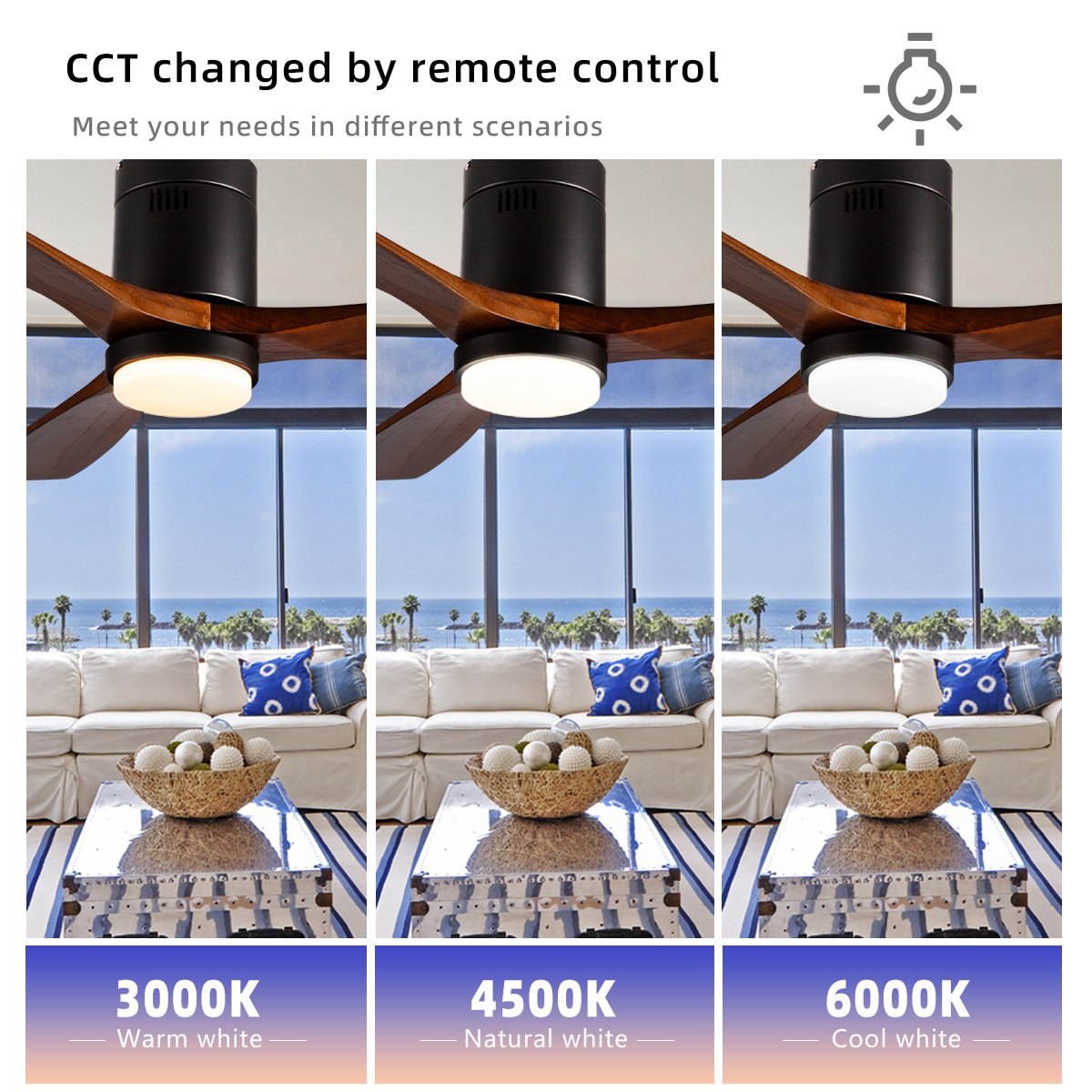 Wooden Fan CCT Dimmable LED Light Noiseless DC Motor & 3 Reversible Blades Black 52'' 6 Speeds Indoor Outdoor Ceiling Fans