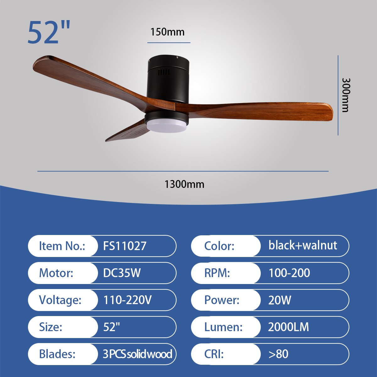 Wooden Fan CCT Dimmable LED Light Noiseless DC Motor & 3 Reversible Blades Black 52'' 6 Speeds Indoor Outdoor Ceiling Fans