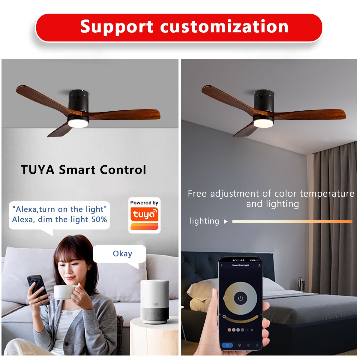 Wooden Fan CCT Dimmable LED Light Noiseless DC Motor & 3 Reversible Blades Black 52'' 6 Speeds Indoor Outdoor Ceiling Fans