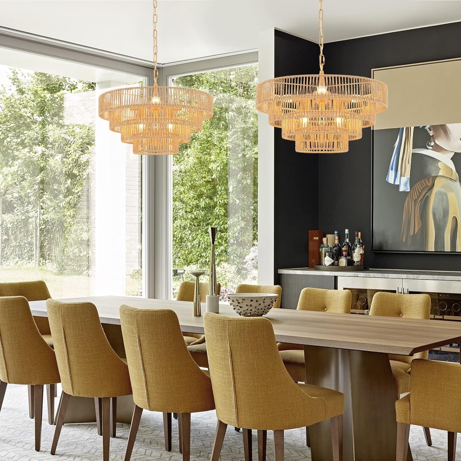 Premium Quality Natural Jute Rattan 6 Lights Hand Woven Rattan Pendant Light Minimalist Pendant Light Living Room Home Decor
