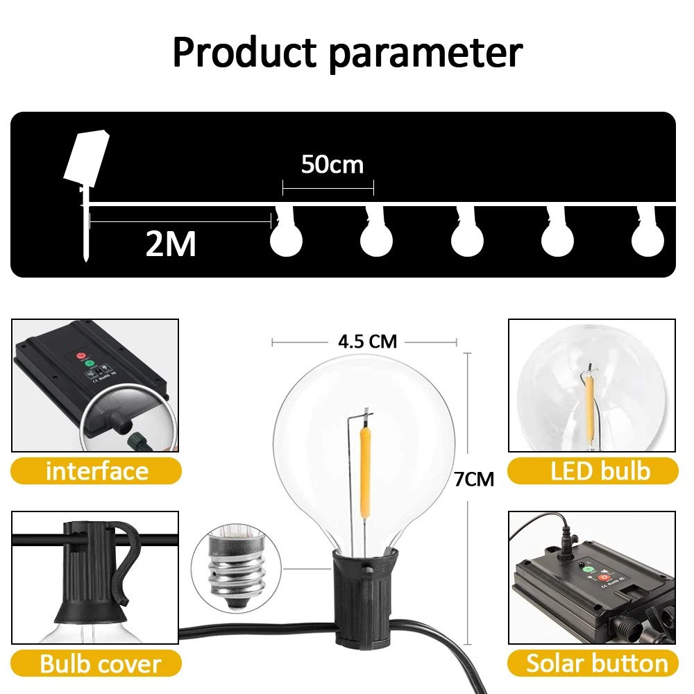 Solar Garden Lights Strings IP44 ABS G40 Decorative Outdoor G40 Home Decor Led Solar String Light for Garden Landscape