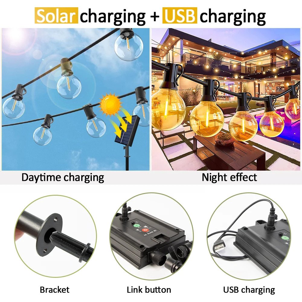 Solar Garden Lights Strings IP44 ABS G40 Decorative Outdoor G40 Home Decor Led Solar String Light for Garden Landscape
