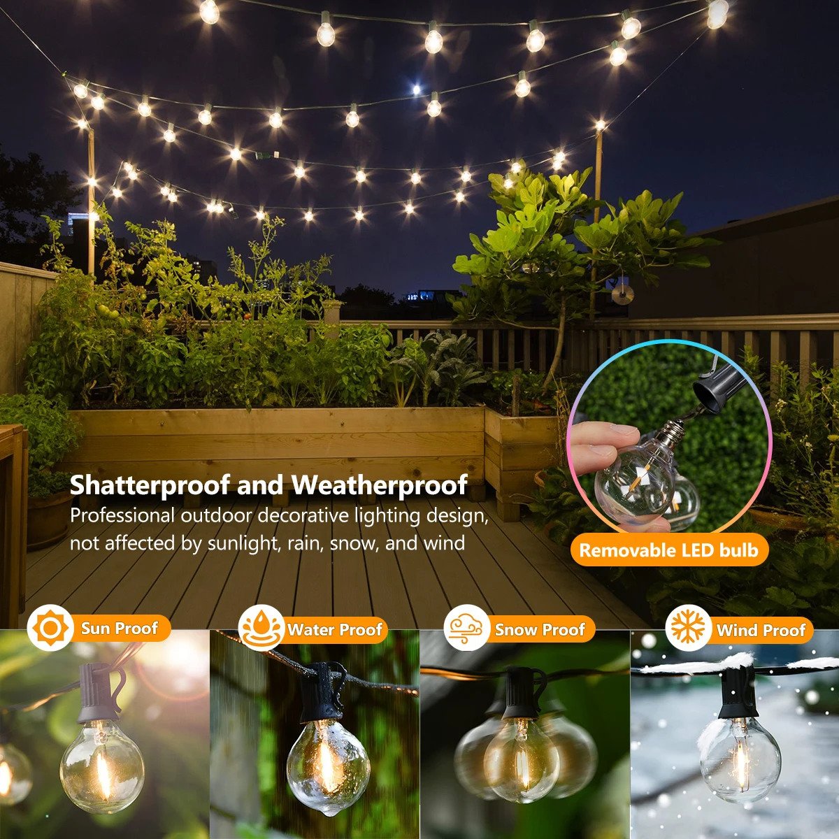 Solar Garden Lights Strings IP44 ABS G40 Decorative Outdoor G40 Home Decor Led Solar String Light for Garden Landscape