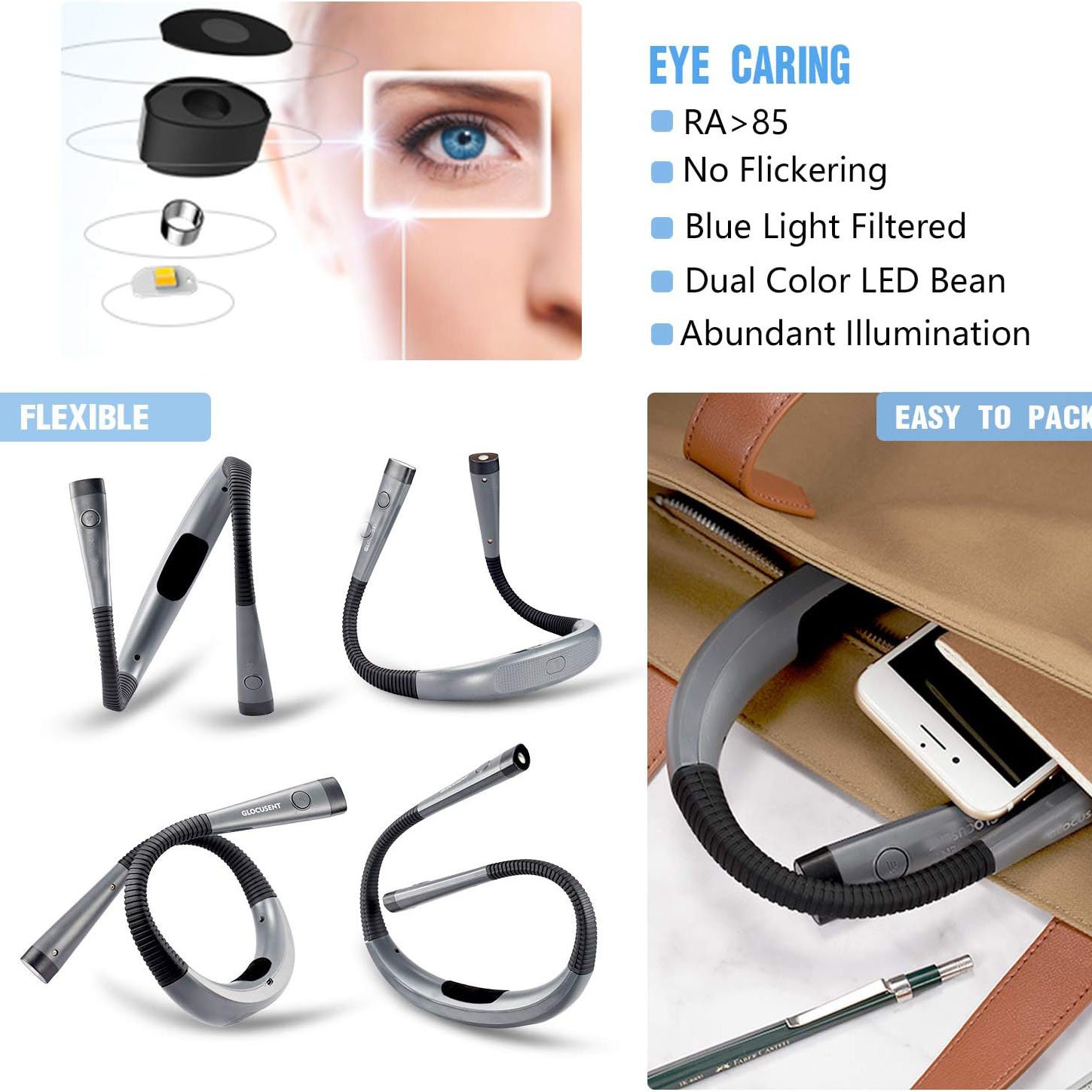 Book Light, 3-Color & 6-Brightness Bendable Neck Light 80-hr Lasting Rechargeable Lamp, Perfect Book Light for Reading
