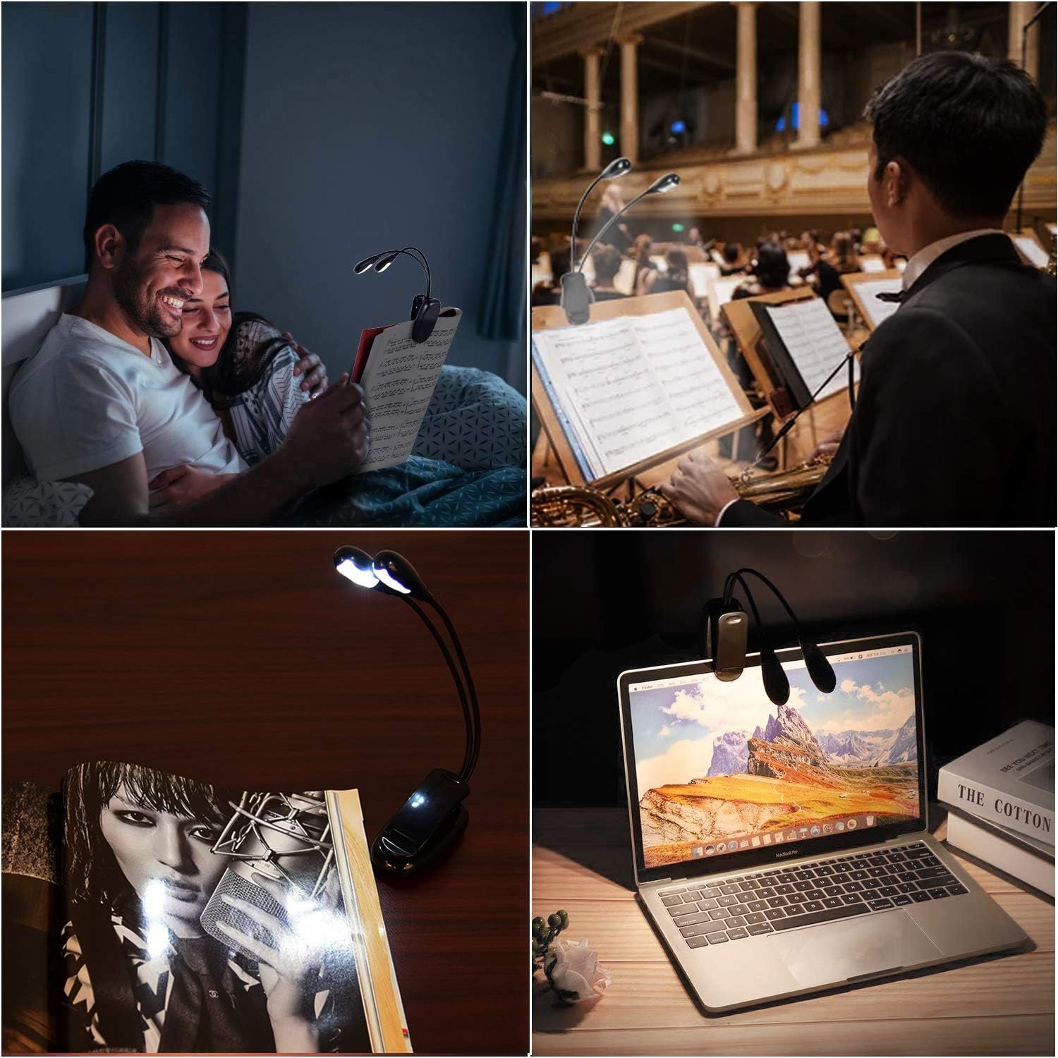 Music Stand Light, Clip on LED Book Lights, USB and AAA Battery Operated, Reading Lamp in Bed, 4 Brightness Levels, Ideal for