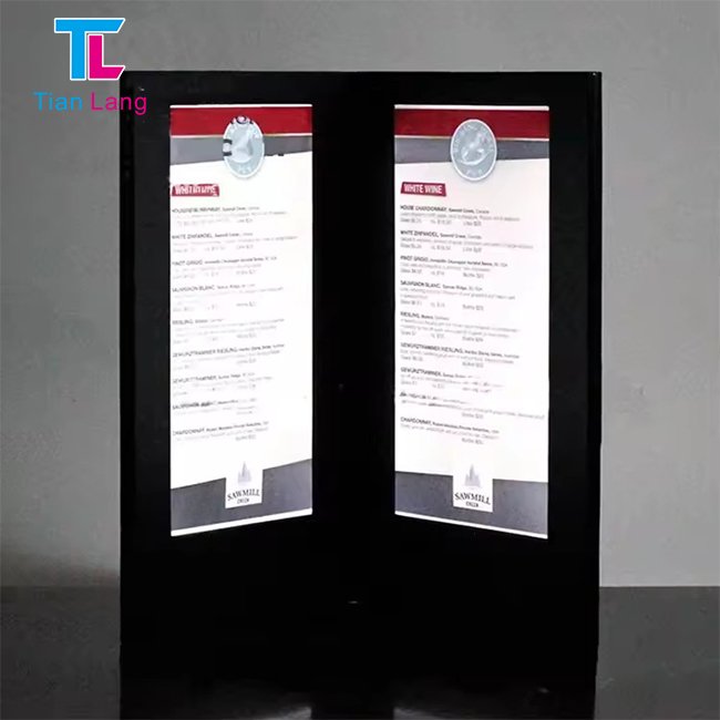 tianlang High Quality PU Leather Menu Insert Two Page View Food Display LED Lighting Restaurant Menu