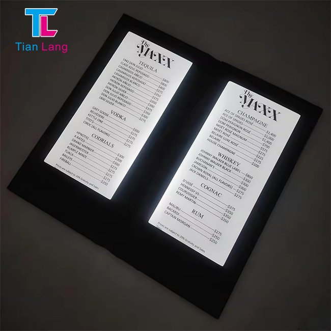 tianlang High Quality PU Leather Menu Insert Two Page View Food Display LED Lighting Restaurant Menu