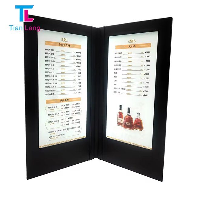 tianlang High Quality PU Leather Menu Insert Two Page View Food Display LED Lighting Restaurant Menu