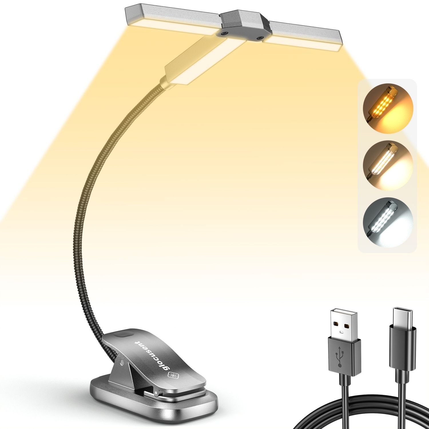 Glocusent Innovative Tri-Head Design Led Book Light Dimmable Eye Caring Type C Rechargeable Reading Light For Book