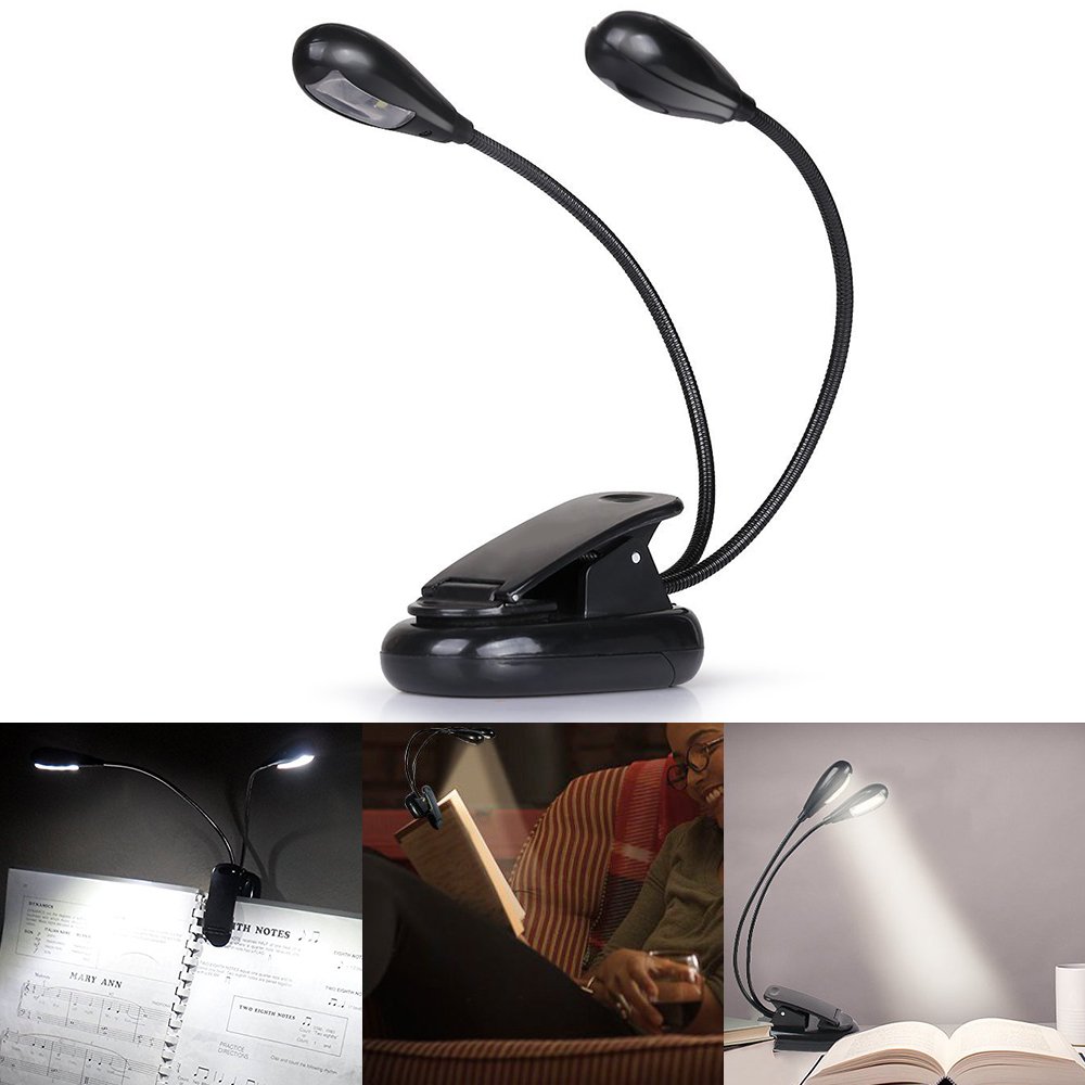 Adjustable Goosenecks 2 Dual Flexible Arms 4 LED Clip-on Piano Music Stand Book Light Lamp