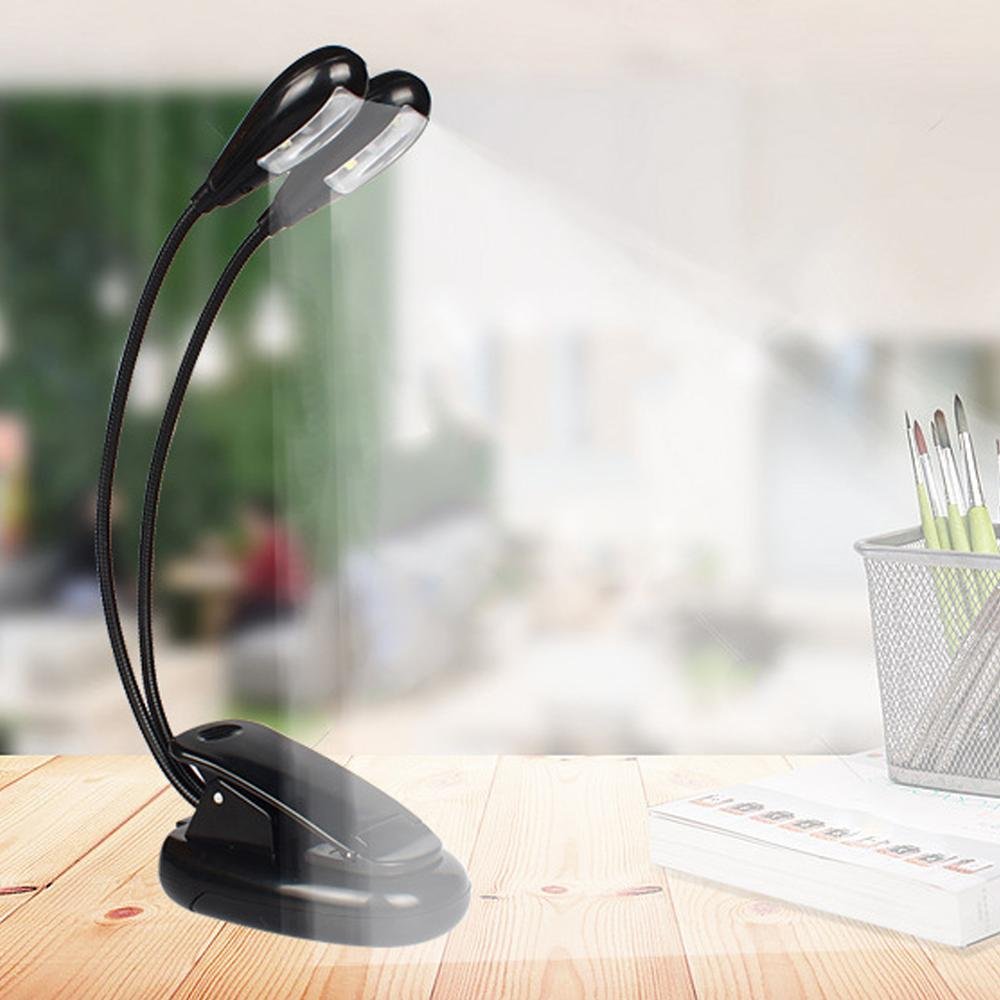 Adjustable Goosenecks 2 Dual Flexible Arms 4 LED Clip-on Piano Music Stand Book Light Lamp