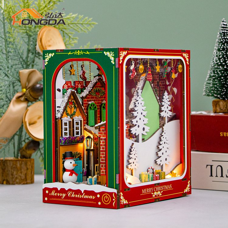 Hongda Christmas Style BookNook PC2417 Winter of Christmas 3D Miniature Diy Book Nook Kit Wooden Book Nook Kit With Light