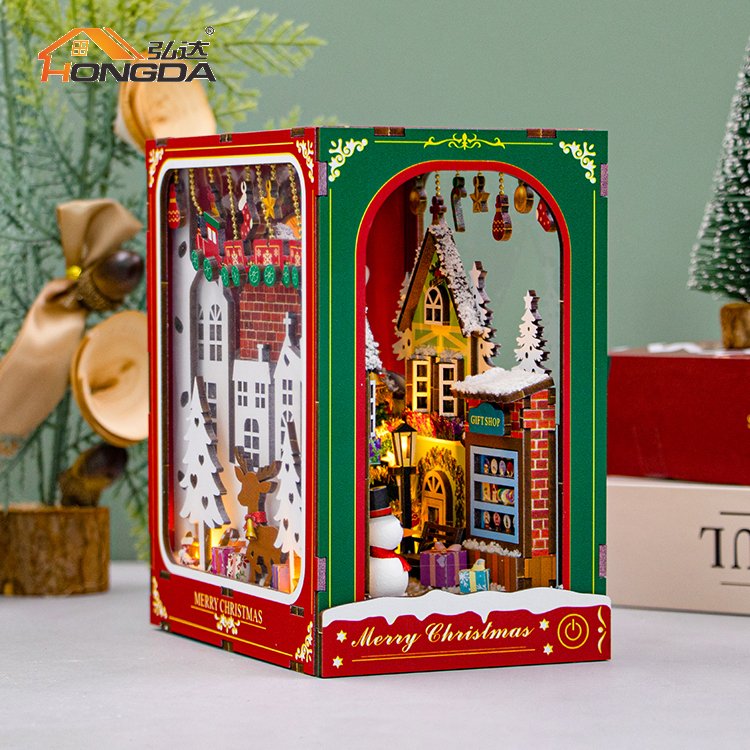 Hongda Christmas Style BookNook PC2417 Winter of Christmas 3D Miniature Diy Book Nook Kit Wooden Book Nook Kit With Light