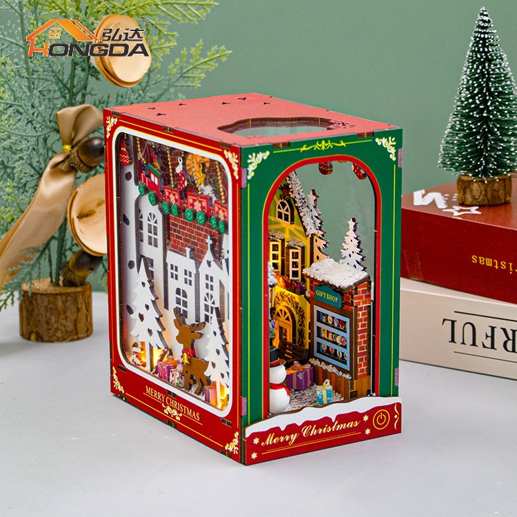 Hongda Christmas Style BookNook PC2417 Winter of Christmas 3D Miniature Diy Book Nook Kit Wooden Book Nook Kit With Light