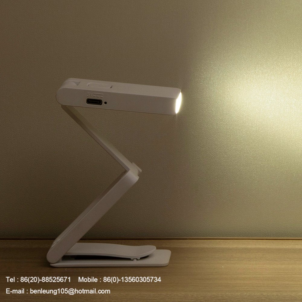Plastic mini portable foldable USB type C rechargeable dimmable press button adjustable brightness clip LED reading light
