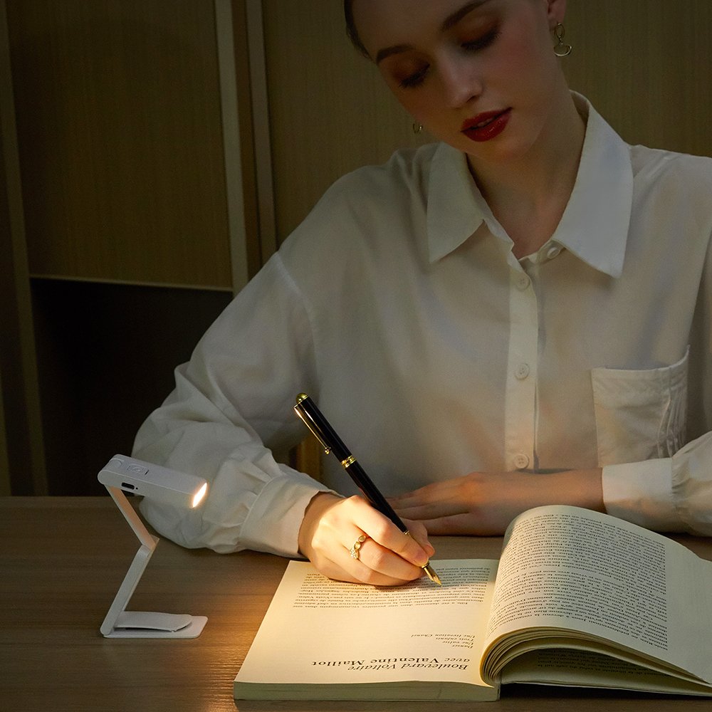Plastic mini portable foldable USB type C rechargeable dimmable press button adjustable brightness clip LED reading light