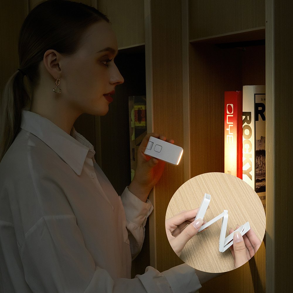 Plastic mini portable foldable USB type C rechargeable dimmable press button adjustable brightness clip LED reading light
