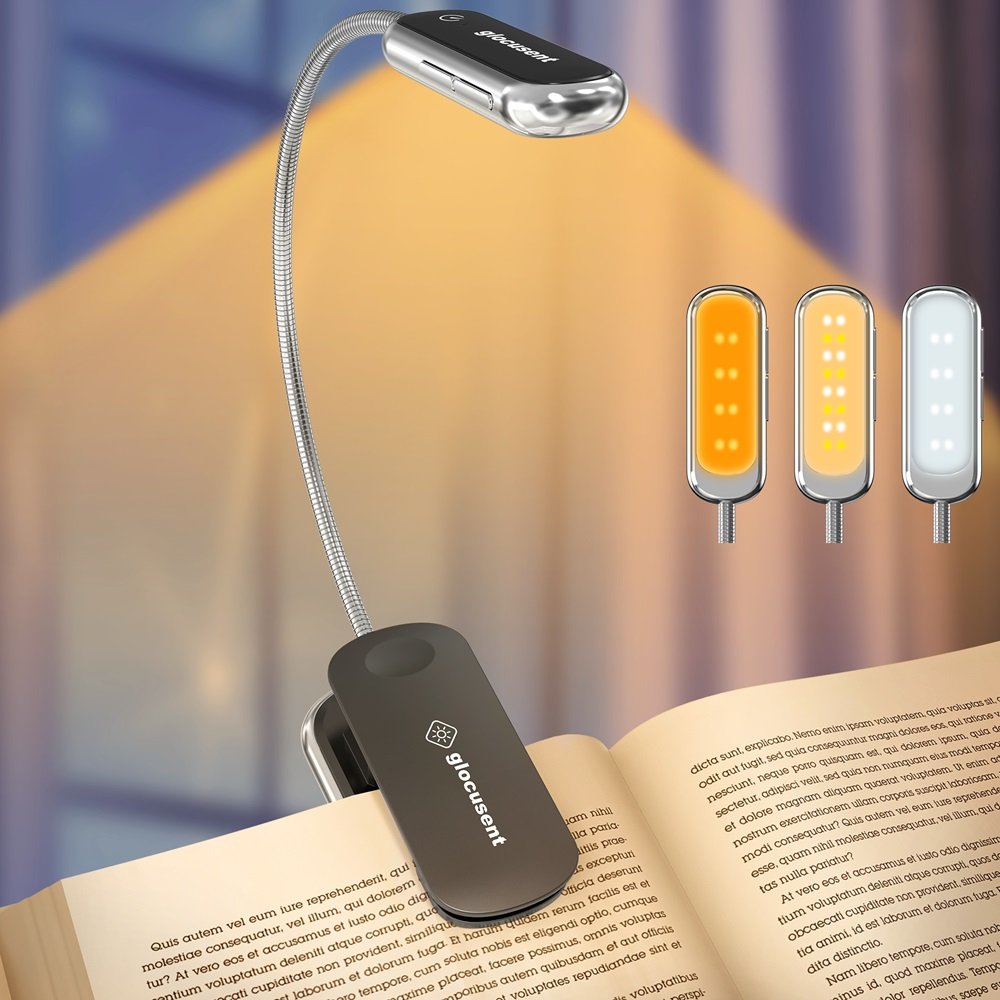 Glocusent Tricolor 5 Levels Dimmable Usb Rechargeable Flexible Led Clip On Book Reading Light For Reading In Bed