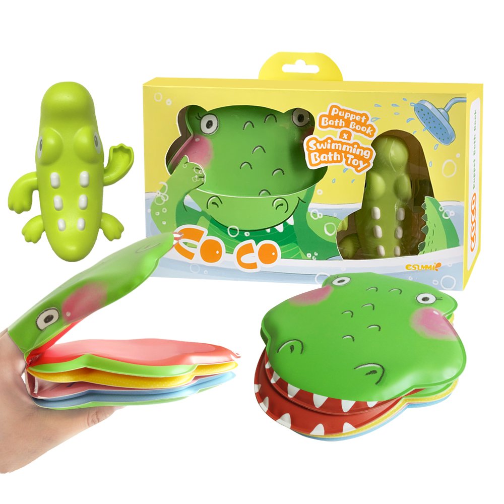 Esummi Funny Crocodile Puppet Bath Book with Wind-UP Bath Toy in Box Set, Funny PEVA Baby Bath Book with Swimming Toy