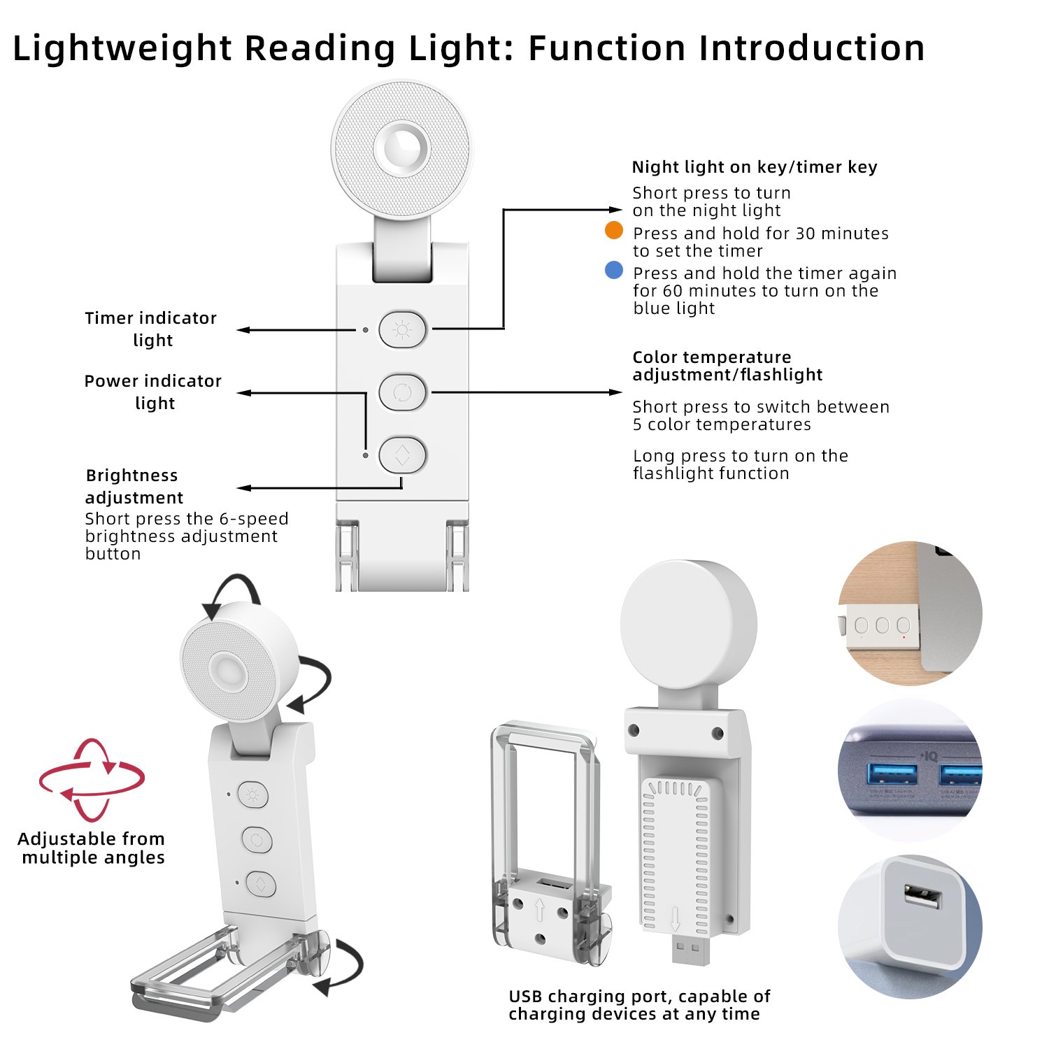 LED light built-in lithium battery book holder light night light book use can