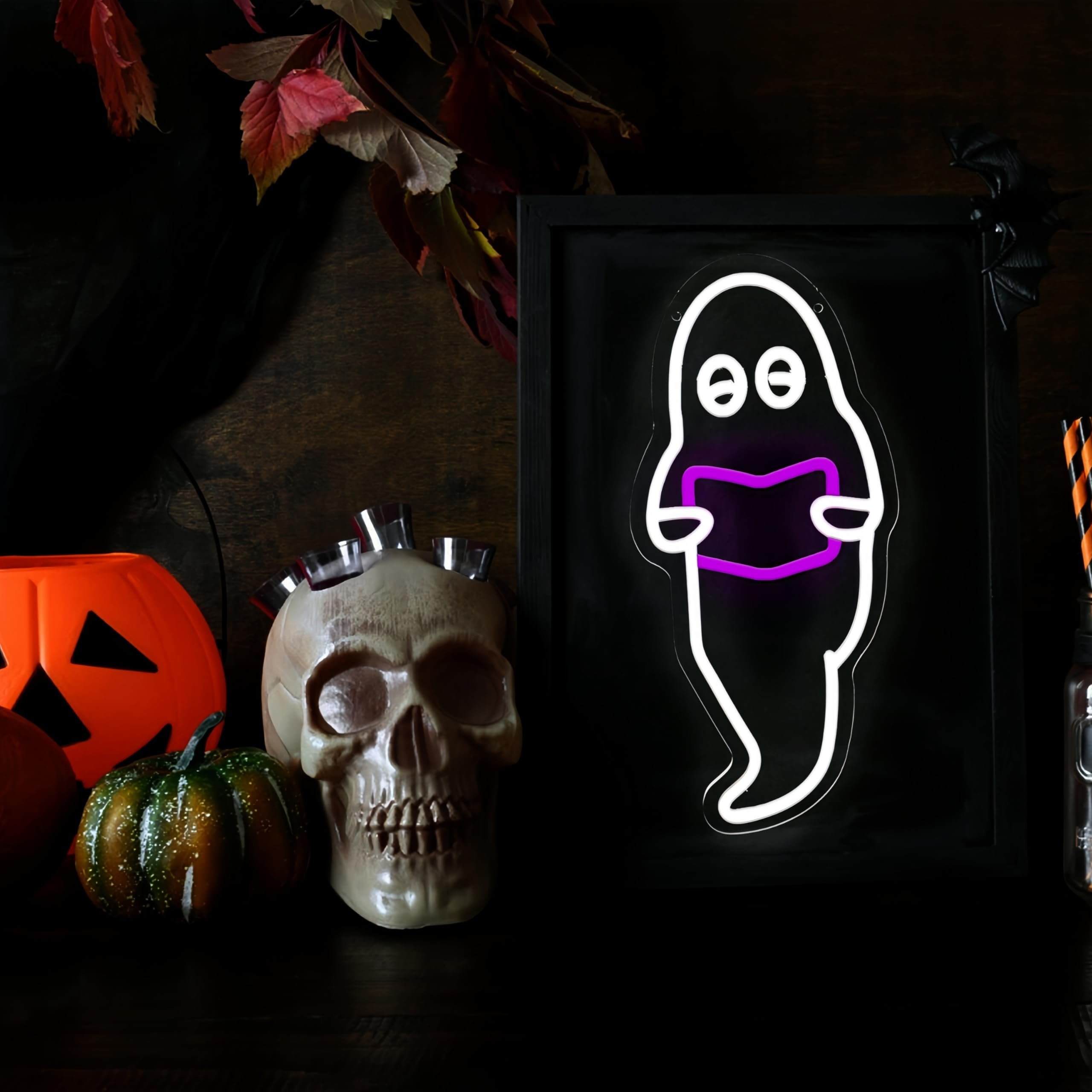 Ghost Reading a Book Neon Sign Halloween Spooky Cute Ghost LED Neon Light for Halloween Party Decor Spooky Vibes